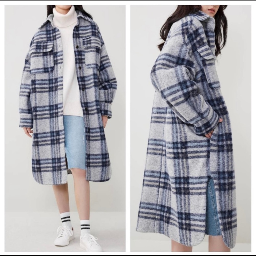 H&M BLUE AND GRAY LONG PLAID SHACKET